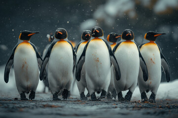 Fototapeta premium A Group of Penguins Stands on Rocky Terrain Amidst Snow Flurries in the Antarctic Wilderness