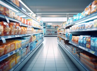 Supermarket photo with bright light and blur effect. generative AI