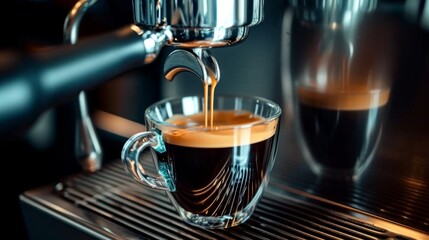 Closeup coffee machine with a cup of espresso. The process of making coffee.