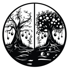 2 side of tree in different condition, olive trees, vector black and white illustration, silhouette