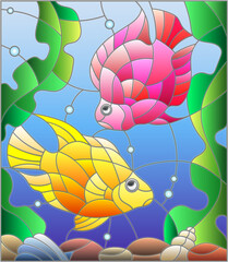 Illustration in stained glass style with abstract colorful exotic fish amid seaweed, coral and shells