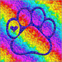 An illustration in the style of a stained glass window with a cat's paw on a bright rainbow background
