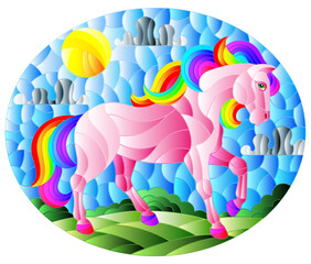Illustration in stained glass style with a fabulous bright horse on a background of fields and a cloudy sky with the sun,oval image