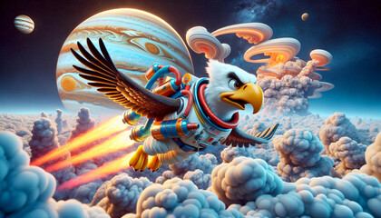 Eagle Astronaut Soaring Through Jupiter's Turbulent Gas Clouds with Jetpacks - A Vivid and Adventurous Cosmic Flight