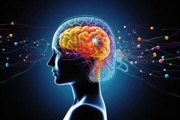 Obraz premium Human brain deep learning memory processes. Long-term memory stores information, short-term memory handles stimuli. Mind processes information through firing of neurons, MRI Scan, Studying and Reading