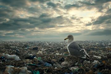 a seagull in the garbage