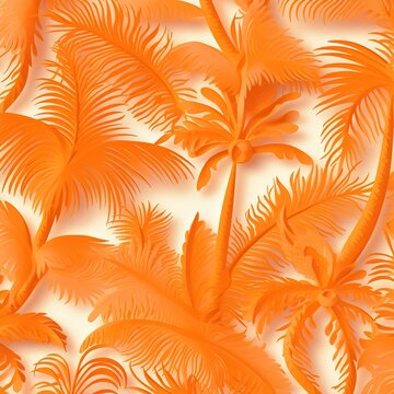 Seamless tropical pattern. Lacy pattern of palm trees on an orange background. Papercut pattern. Generative Ai