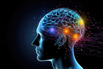 Obraz premium Human brain deep learning memory processes. Long-term memory stores information, short-term memory handles stimuli. Mind processes information through firing of neurons, MRI Scan, Studying and Reading