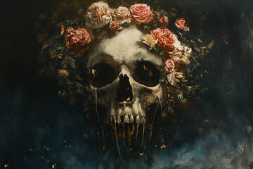 skull and flowers - obrazy, fototapety, plakaty