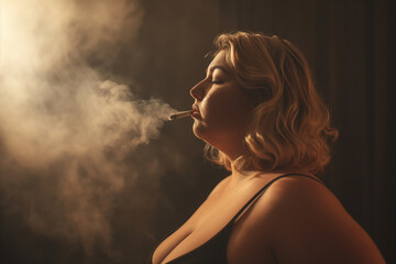 a fat woman smokes a cigarette - obrazy, fototapety, plakaty