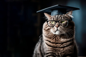 Adult cool cat with glasses and Oxford cap on a dark background. Copy space. - 718670486