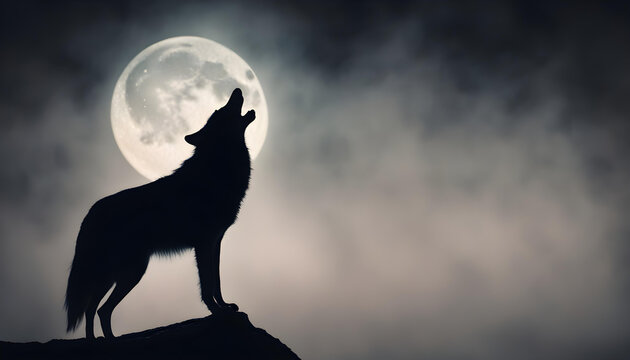 landscape of wolf in a forest at night with dark blue misty background with moon

