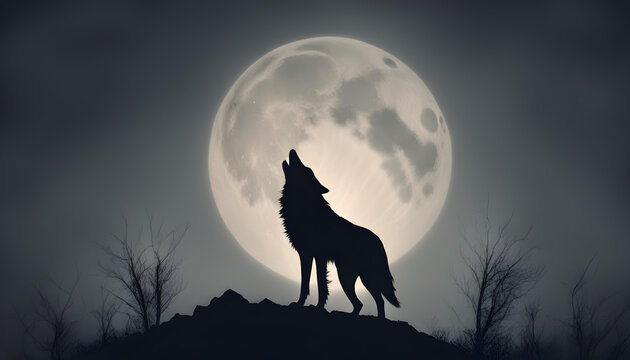 Wolf in a forest at night with dark blue misty background with moon

