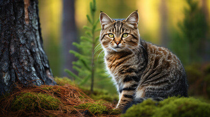 Naklejka na ściany i meble Wild cat in a pine forest