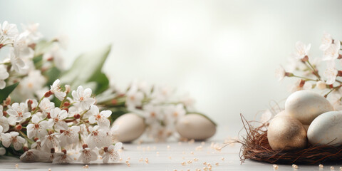 Easter eggs with spring flowers on the branches . Colored Egg .Easter banner. Сopy space for text.