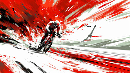 simple line art minimalist collage illustration with professional track racing cyclist on a track bike and Eiffel Tower in the background, olympic games, wide lens - obrazy, fototapety, plakaty