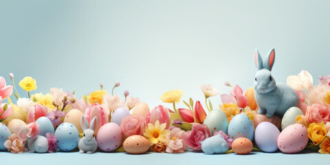 Easter poster and banner template with beautiful Easter multi-colored eggs,Easter bunny and flowers.Promotion and shopping template for Easter. Beautiful easter promotion banner.Copy space for text - obrazy, fototapety, plakaty