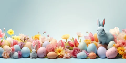 Fotobehang Easter poster and banner template with beautiful Easter multi-colored eggs,Easter bunny and flowers.Promotion and shopping template for Easter. Beautiful easter promotion banner.Copy space for text © syhin_stas