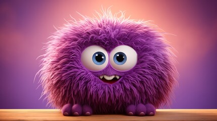 Cute colorful purple monster germ doll isolated on white background with shadow reflection.