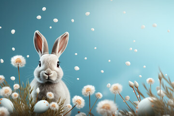 Obraz premium Easter poster and banner template with beautiful Easter eggs,Easter bunny and flowers.Promotion and shopping template for Easter. Beautiful easter promotion banner.Copy space for text