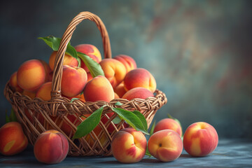 Basket of ripe peaches on blue surface