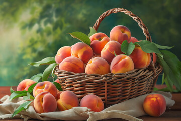 Peaches in basket with greenery background