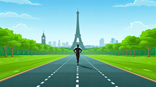 simple line art minimalist collage illustration with a professional rugby player and Eiffel Tower in the background, olympic games, wide lens