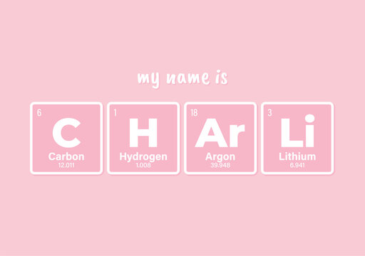 Vector inscription name CHARLI composed of individual elements of the periodic table. Text: My name is. Purple background