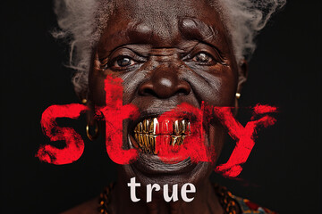 A black old woman with gold teeth and the inscription stay true - obrazy, fototapety, plakaty