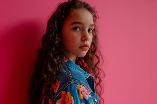 Effortless style on display as a young girl model stands against a bubblegum pink background, her fashion-forward attire adding a pop of color to the scene.