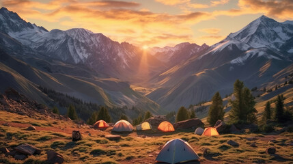 A campsite against a panoramic mountain background at sunrise - obrazy, fototapety, plakaty