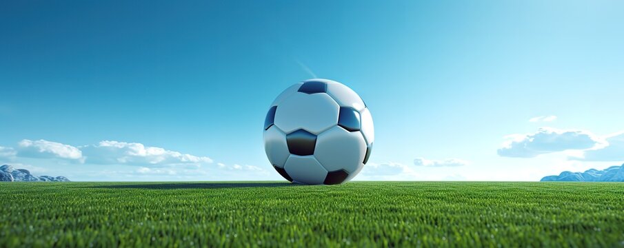 A ball is photographed on a field with green grass and a bright blue sky. generative AI
