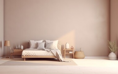 Sofa with several pillows on it on a light brown wall Background. generative AI