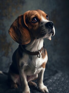 beautiful beagle dog portrait on grey background with collar on the ground