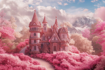 A fairy tale castle in a pink world