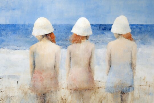 Three People Standing In A Row, Painted With Watercolors On Paper