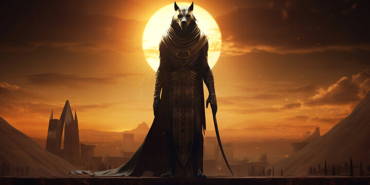Anubis the Egyptian god of death in a sun sit background