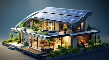 Obraz premium Miniature modern house with solar panel power on it. generative AI