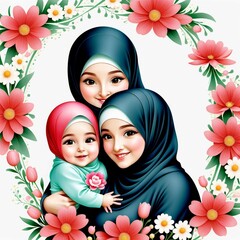 Mother's day illustration with hijab mom hug baby, Generated AI