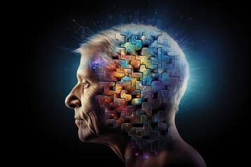 Obraz premium Brain puzzle, thinker person, intellectual challenges and puzzles for cognitive engagement and brain health, brain structure, memory puzzle neurons, mindful logic, brain strategy vision and consulting