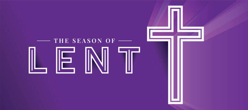 The season of LENT - White text and white dubble line cross crucifix with flash of light on purple background vector design
