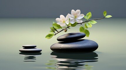 A pile of black Zen stones on the water with flower decoration on top. generative AI