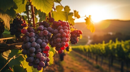 Close-up of ripe delicious grapes in a grape plantation at sunset. Harvest, Winemaking, Agriculture, Farming concepts. - obrazy, fototapety, plakaty
