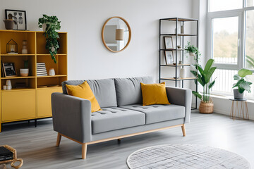 Studio apartment with stylish sofa in living room