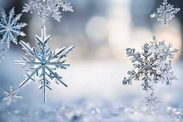 Delicate macro close-up of snowflakes while snowing