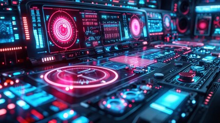 Obraz premium Neon-Lit Advanced Cybersecurity Workspace