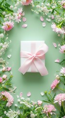 spring pastel colors banner on green, gift box with pink ribbon among flowers, cherry blossoms, mothers day, valentines day and spring sales, copyspase for text.