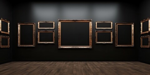 Art fair gallery featuring antique frames on a black wall, with blank white space for mockup design.