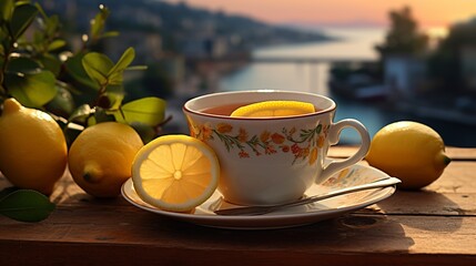 lemon tea in white cup on cafe table with view of hills and gardens.