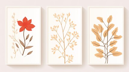 Set of botanical bakground, floral branch and leaves. Vintage foliage for wedding invitation, wall art or card template. Minimal line art drawing. Vector. Generative Ai